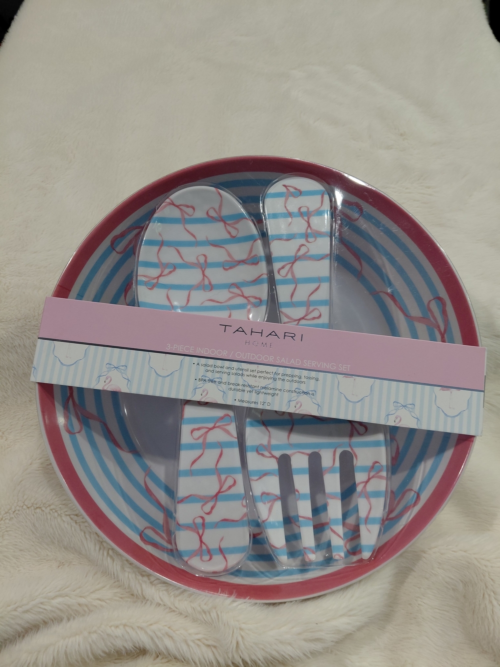 NWT Tahari Pink & Blue Striped Salad Serving Set